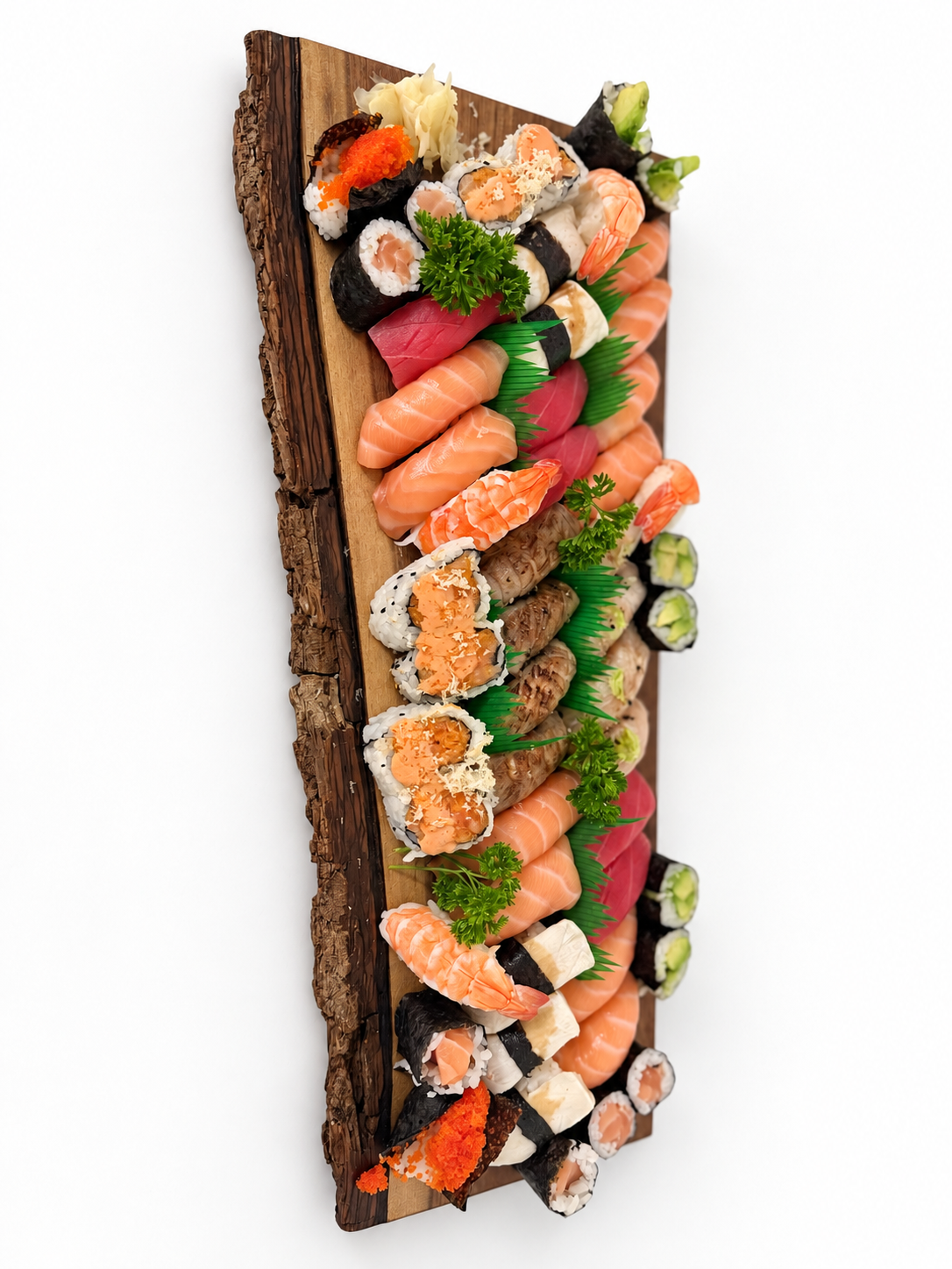 Sushi mOng assorted sushi and rolls on a wooden platter