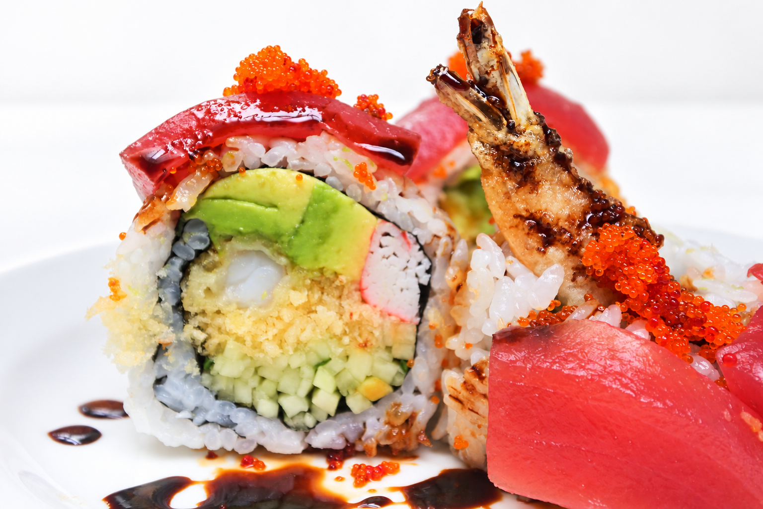 Sushi mOng specialty roll with avocado and shrimp